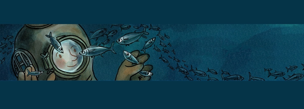 Ilustratuna dibujo buzo antiguo cogiendo pececitos