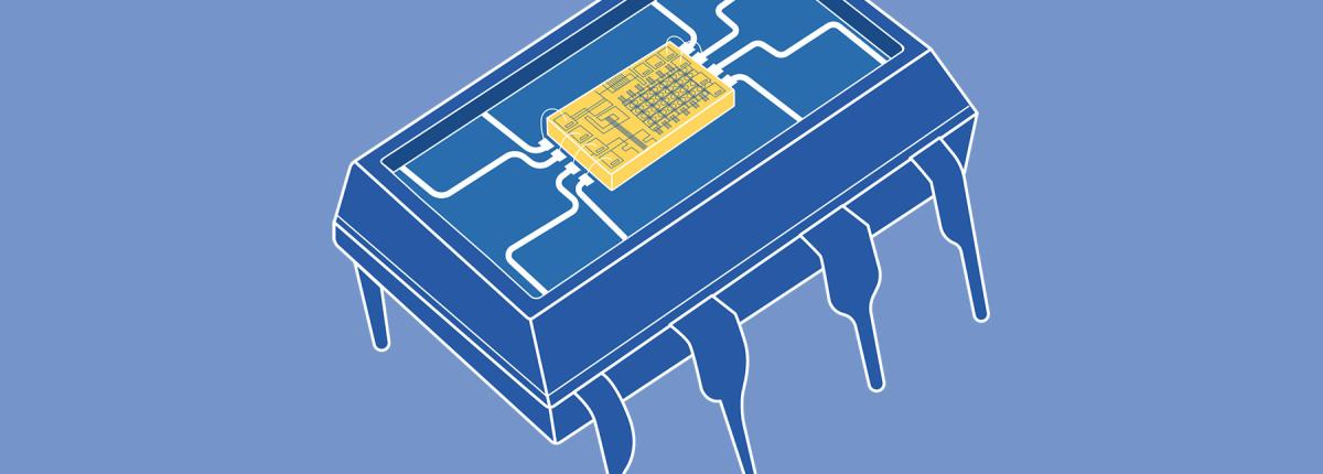 Dibujo de chip encapsulado sobre fondo azul